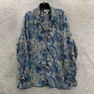 INDIGO MOON Blouse Womens XL Top Floral Extra Large Blue Sheer*